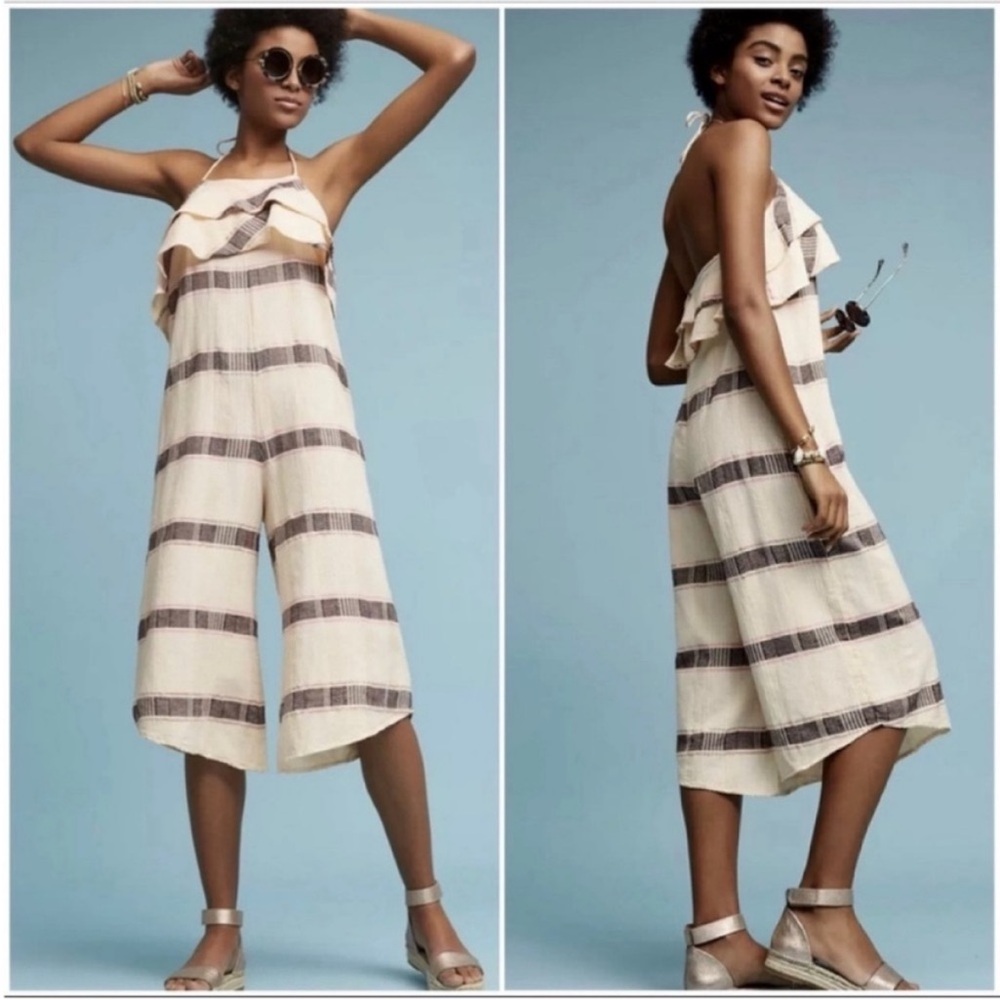 Anthropologie Saturday Sunday Boho Wide Leg Marina Ruffle Halter Jumpsuit.